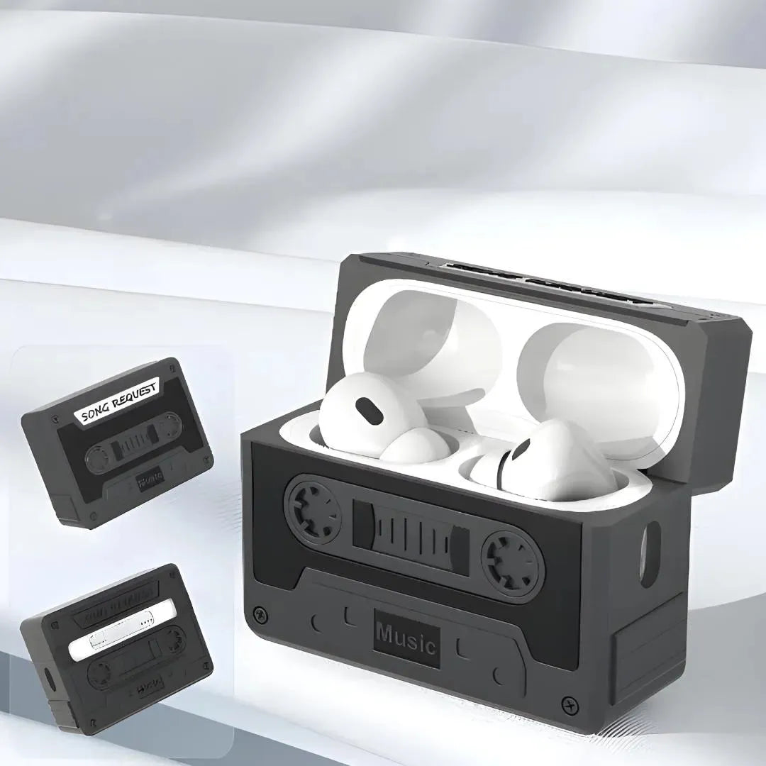 Étui cassette noir pour AirPods Pro avec ouverture – présentation du rangement des écouteurs
