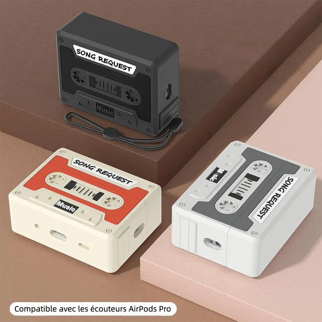Coques rétro cassette AirPods Pro en noir, rouge et blanc, compatibles recharge