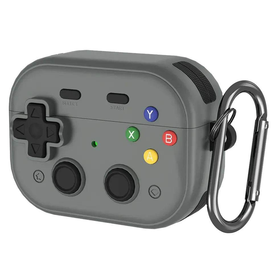 Étui AirPods Pro manette gaming noir avec boutons colorés et mousqueton métallique, style console retro.