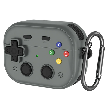 Étui AirPods Pro manette gaming noir avec boutons colorés et mousqueton métallique, style console retro.