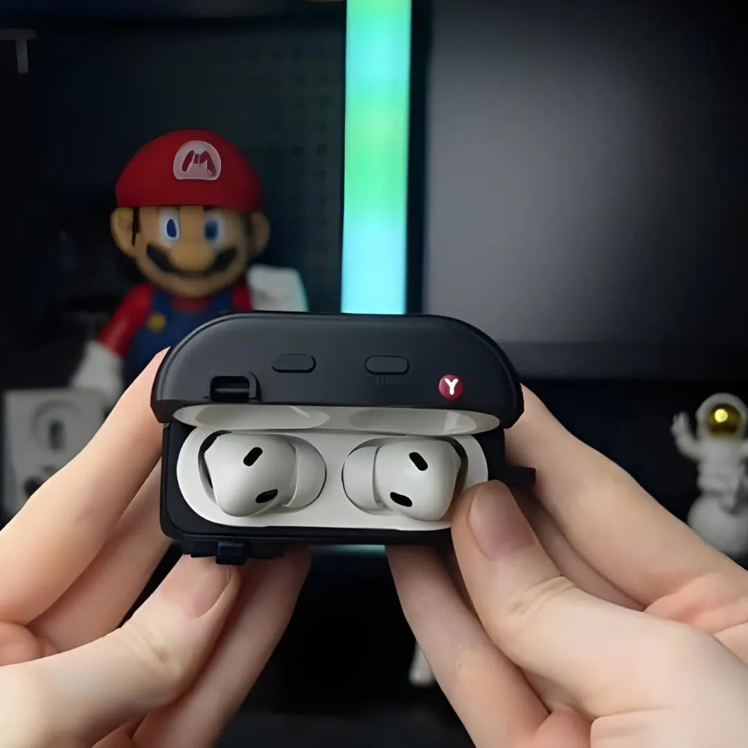 Étui manette AirPods ouvert avec AirPods Pro à l’intérieur, design console de jeu.