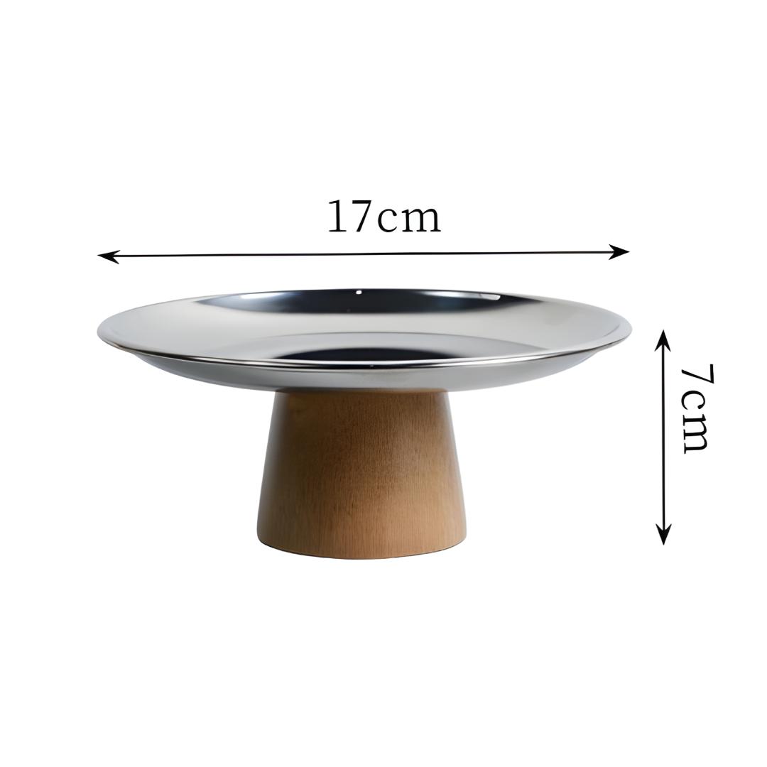 plateau métal 17 cm de diamètre avec pied bois naturel et hauteur de 7 cm sur fond blanc, image avec dimensions
