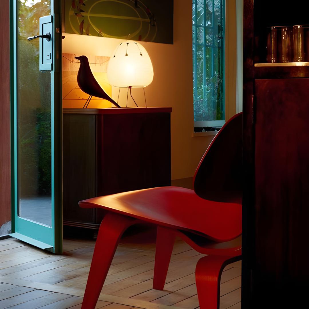 lampe en papier akari noguchi 1AD à motif sur une commode à coté d'un oiseau n bois, une chaise rouge représentée au premier plan, porte ouverte sur le côté