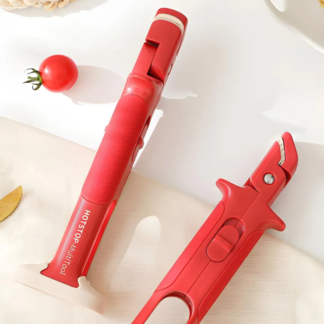 Vue détaillée du HotStop Multi Tool en position repliée et ouverte, outil de cuisine rouge ergonomique