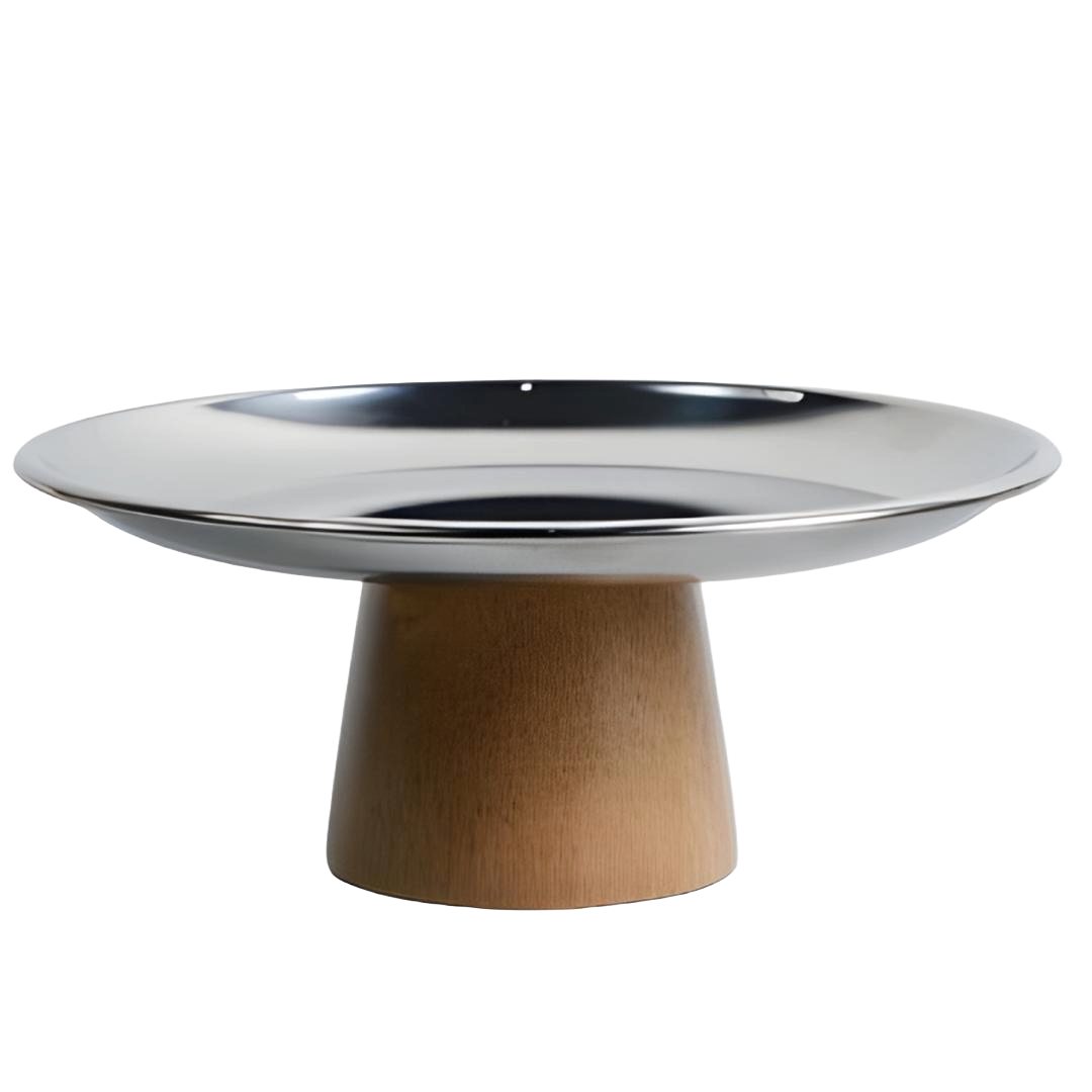 plateau métal argenté avec support en bois clair, style nordique, vue produit sans fond