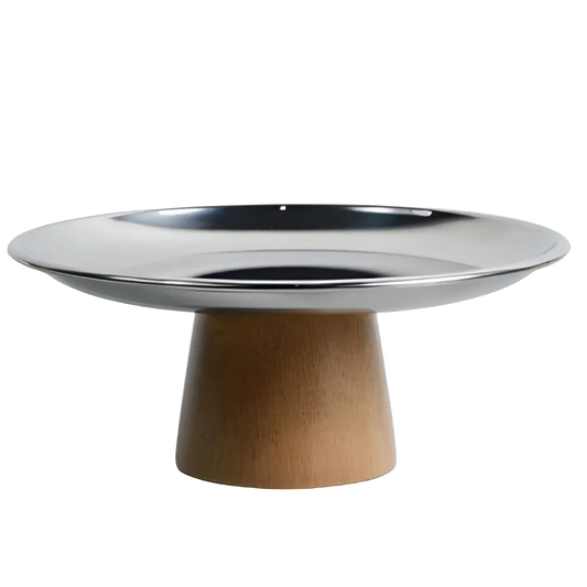 plateau métal argenté avec support en bois clair, style nordique, vue produit sans fond