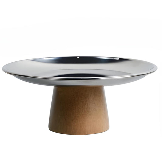 plateau métal argenté avec support en bois clair, style nordique, vue produit sur fond blanc