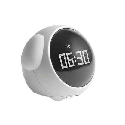 Réveil digital blanc affichant l’heure 06:30, lumière éteinte
