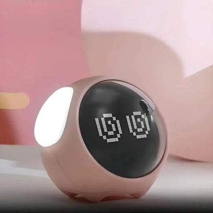 Réveil intelligent rose avec écran LED affichant des yeux animés en spirale
