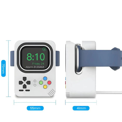 Support de charge Apple Watch en forme de mini console rétro avec dimensions : 75 mm hauteur, 55 mm largeur, 41 mm profondeur