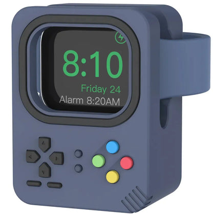 Support de charge bleu foncé pour Apple Watch au design console de jeu rétro, écran actif.