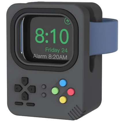 Support Apple Watch rétro gris foncé, fond transparent, style console portable.