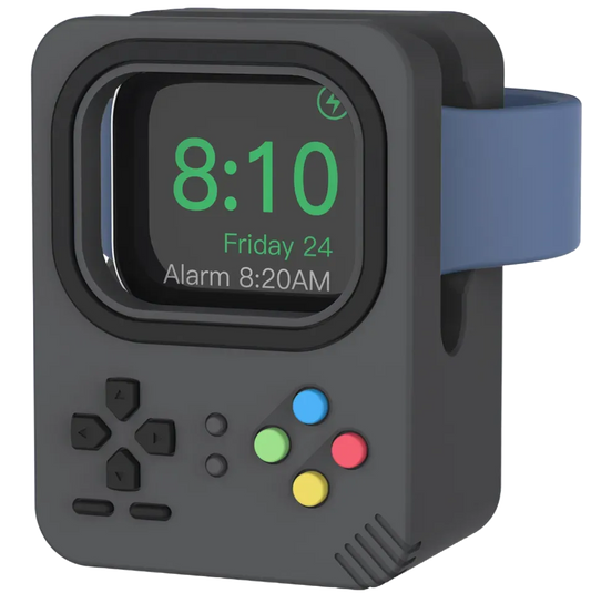 Support Apple Watch rétro gris foncé, fond transparent, style console portable.
