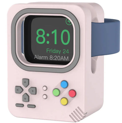 Station Apple Watch rose pastel au style console vintage, avec boutons multicolores.