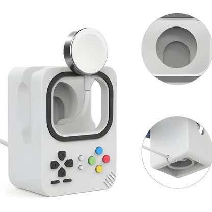 Station de charge Apple Watch rétro, vue arrière montrant l’emplacement circulaire pour chargeur magnétique.