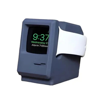 packshot Station de recharge rétro en bleu pour Apple Watch, affichant l’heure sur fond blanc