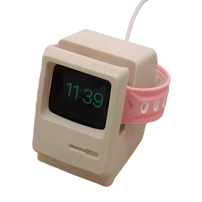 packshot Support Apple Watch rétro beige avec câble de charge et bracelet rose, sans fond