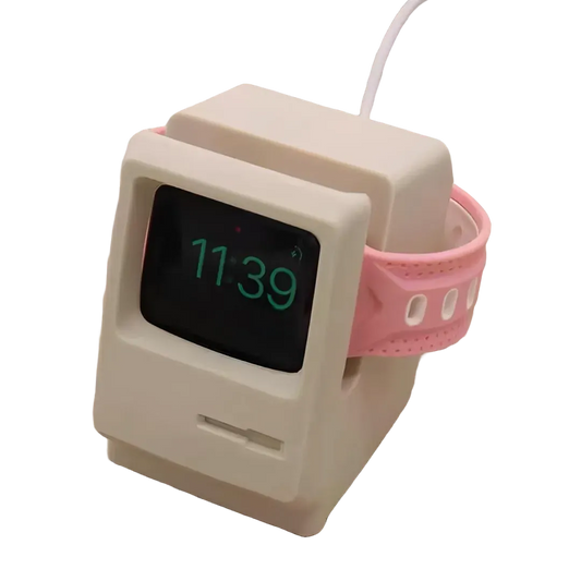 packshot Support Apple Watch rétro beige avec câble de charge et bracelet rose, sans fond