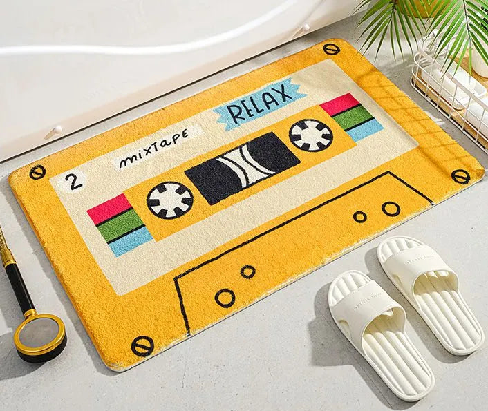 Tapis de bain jaune motif cassette rétro, déco originale pour salle de bain vive et joyeuse