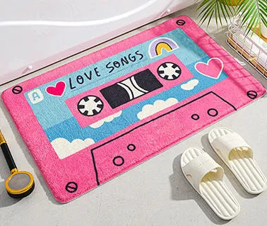 Tapis en forme de cassette rose, style kawaii et fun pour salle de bain colorée