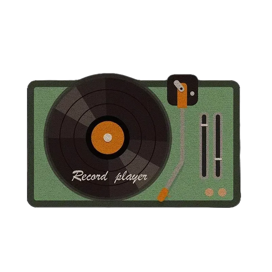 Tapis paillasson vinyle déco vert avec vinyle noir vu du dessus sans fond, ambiance rétro