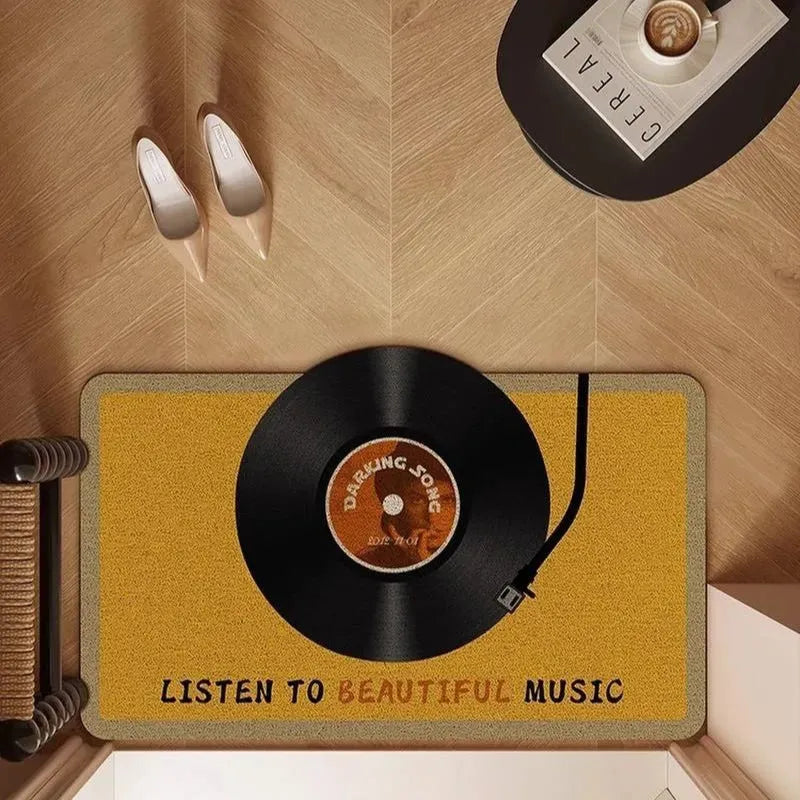 Tapis déco vinyle vintage jaune avec disque noir et message "Listen to Beautiful Music"