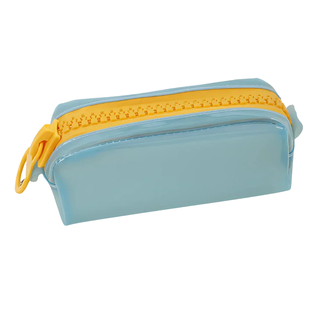 Petite trousse bleue avec fermeture jaune – visuel produit sur fond transparent