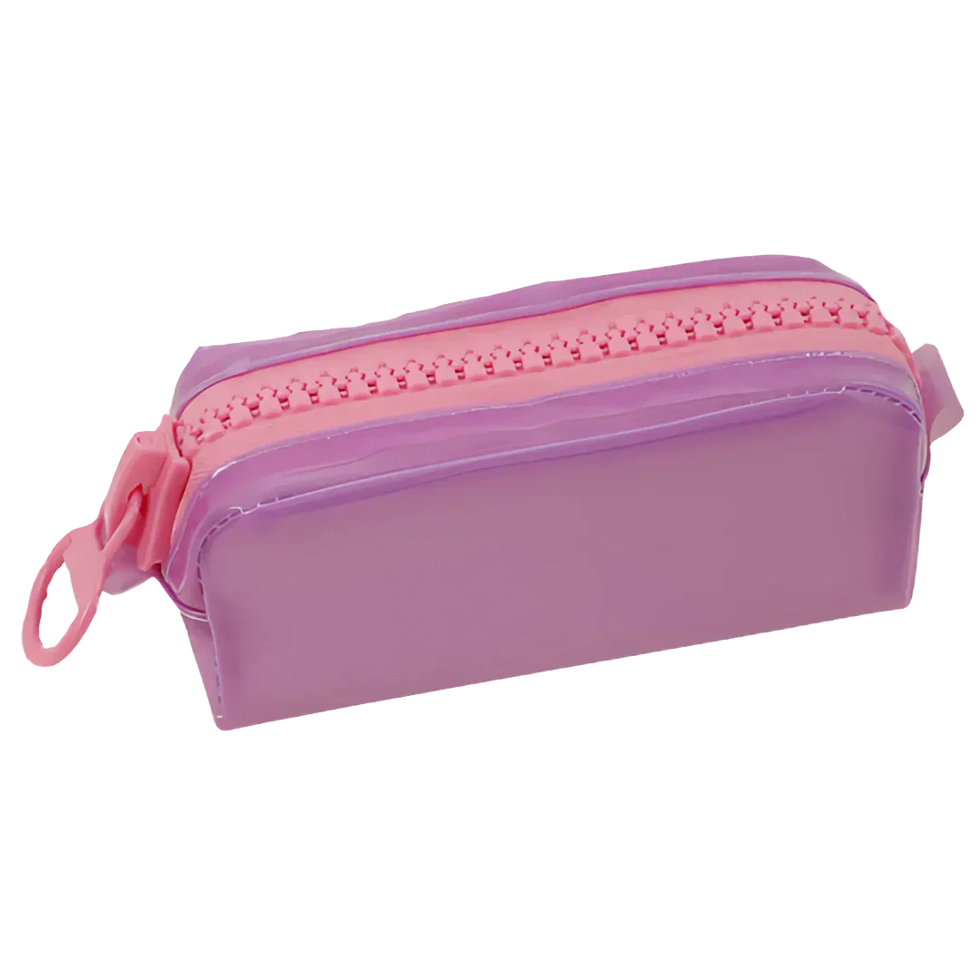 Trousse mauve pastel avec zip rose – idéale pour les élèves ou accessoires beauté