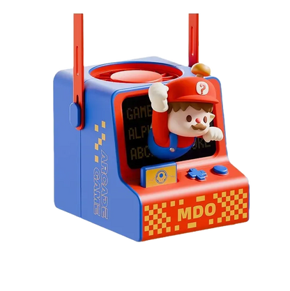 Ventilateur rétro arcade rouge avec figurine en 3D, design geek et ludique