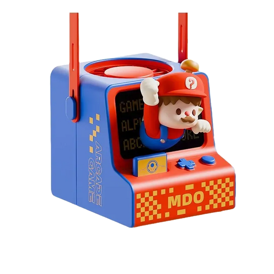 Ventilateur rétro arcade rouge avec figurine en 3D, design geek et ludique