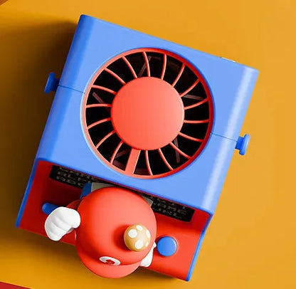 Mini ventilateur rétro MDO vu du dessus, version bleue avec figurine en 3D