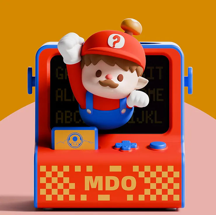Vue frontale du ventilateur style borne arcade avec figurine Mario en relief