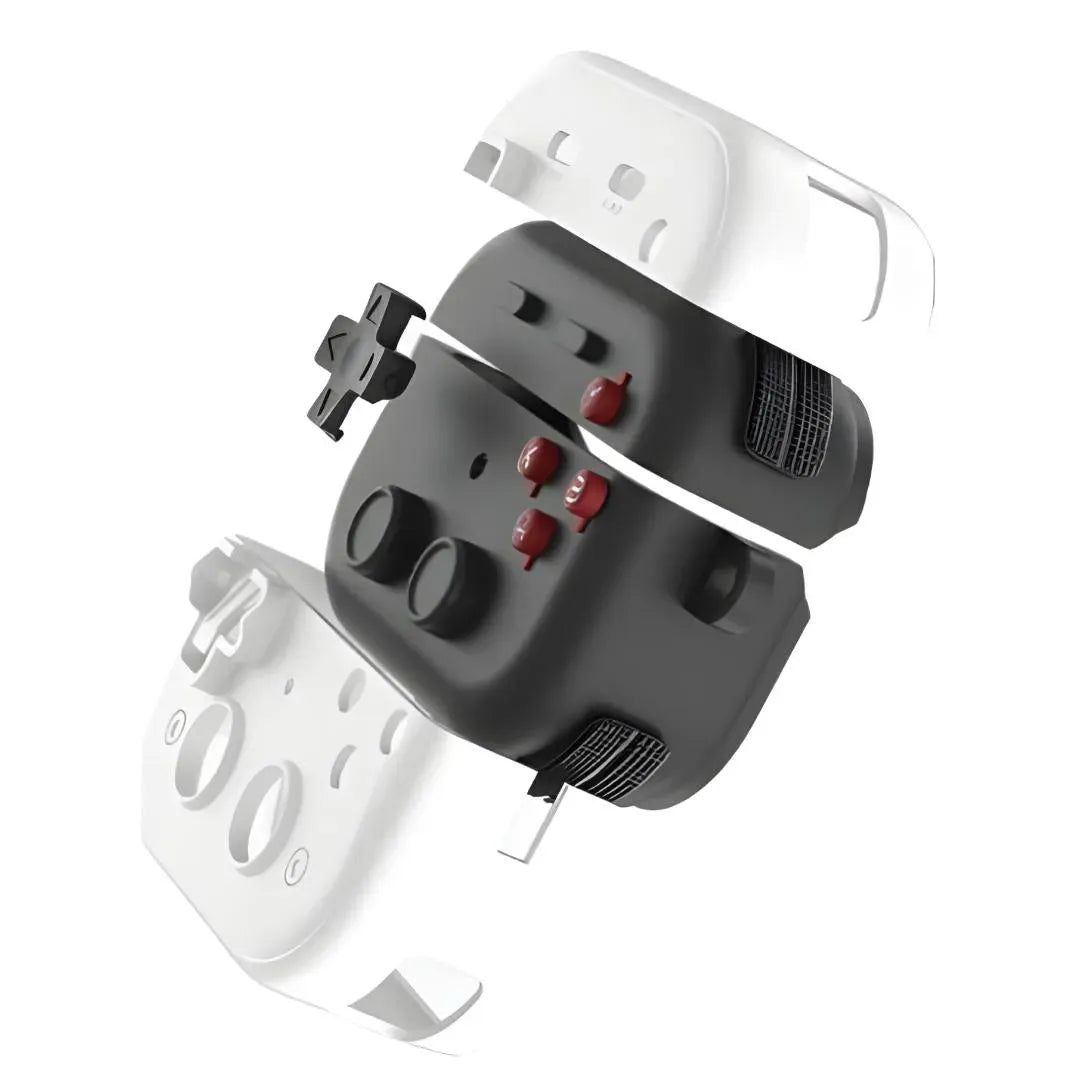 Vue détaillée technique de la coque AirPods gaming avec structure interne et boutons visibles.