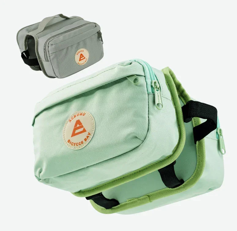 Gros plan sur sac de cadre vélo vert et gris – compartiment spacieux et design compact